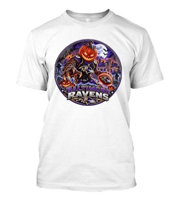 Baltimore Ravens Jack O' Lantern Halloween Football Spooky Night Ravens Stadium Skyline T-Shirt