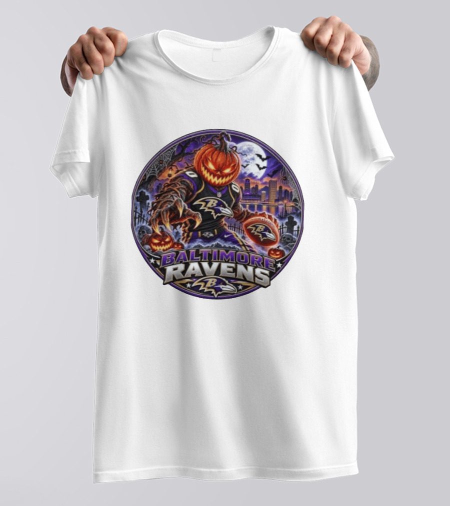 Baltimore Ravens Jack O' Lantern Halloween Football Spooky Night Ravens Stadium Skyline T-Shirt