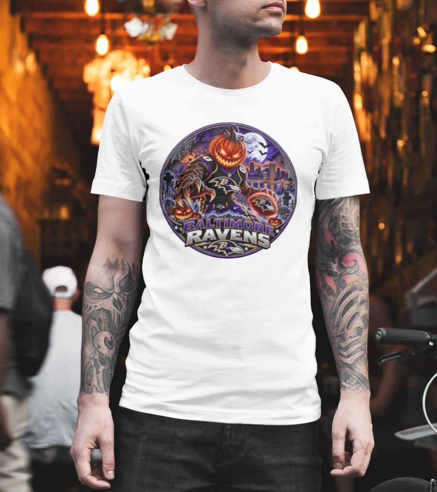 Baltimore Ravens Jack O' Lantern Halloween Football Spooky Night Ravens Stadium Skyline T-Shirt