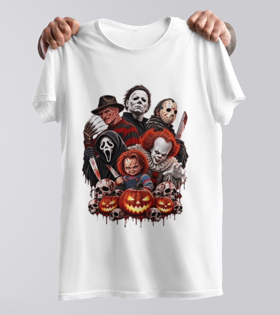 Freddy Krueger Michael Myers Jason Voorhees Ghostface Pennywise Chucky Horror Characters With Skull And Pumpkin Display T-Shirt