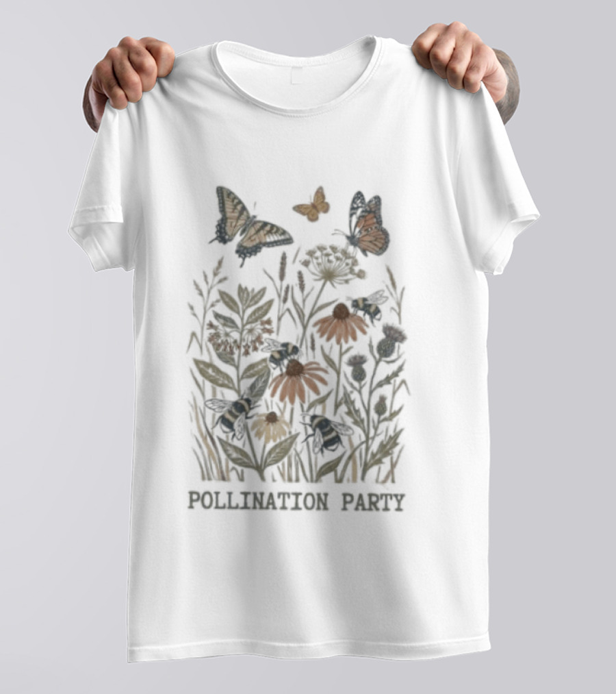 Pollination Party Butterflies And Bees In Nature Garden T-Shirt
