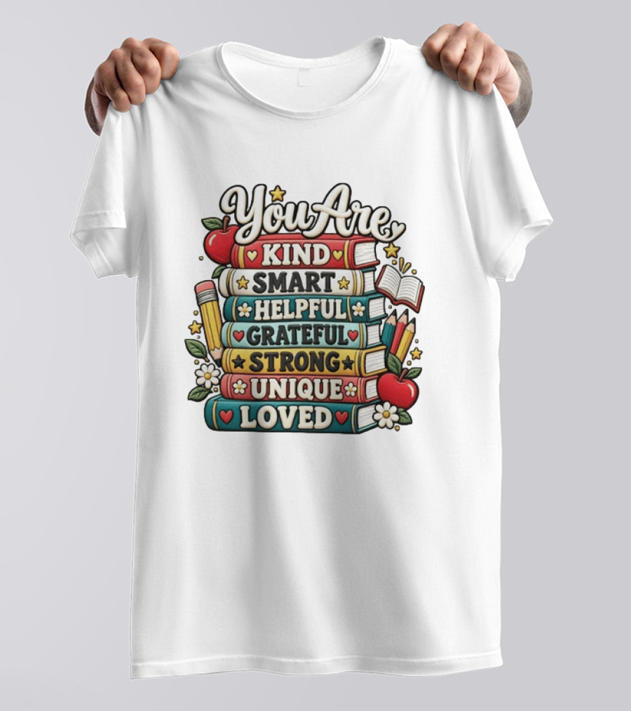 You Are Kind Smart Helpful Grateful Strong Unique Loved Stacked Books With Apples And Flowers T-Shirt