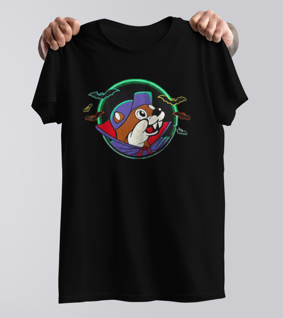 Buc Ee's Bucky The Beaver Halloween Vampire Costume Bats Decor 2 Sided T-Shirt