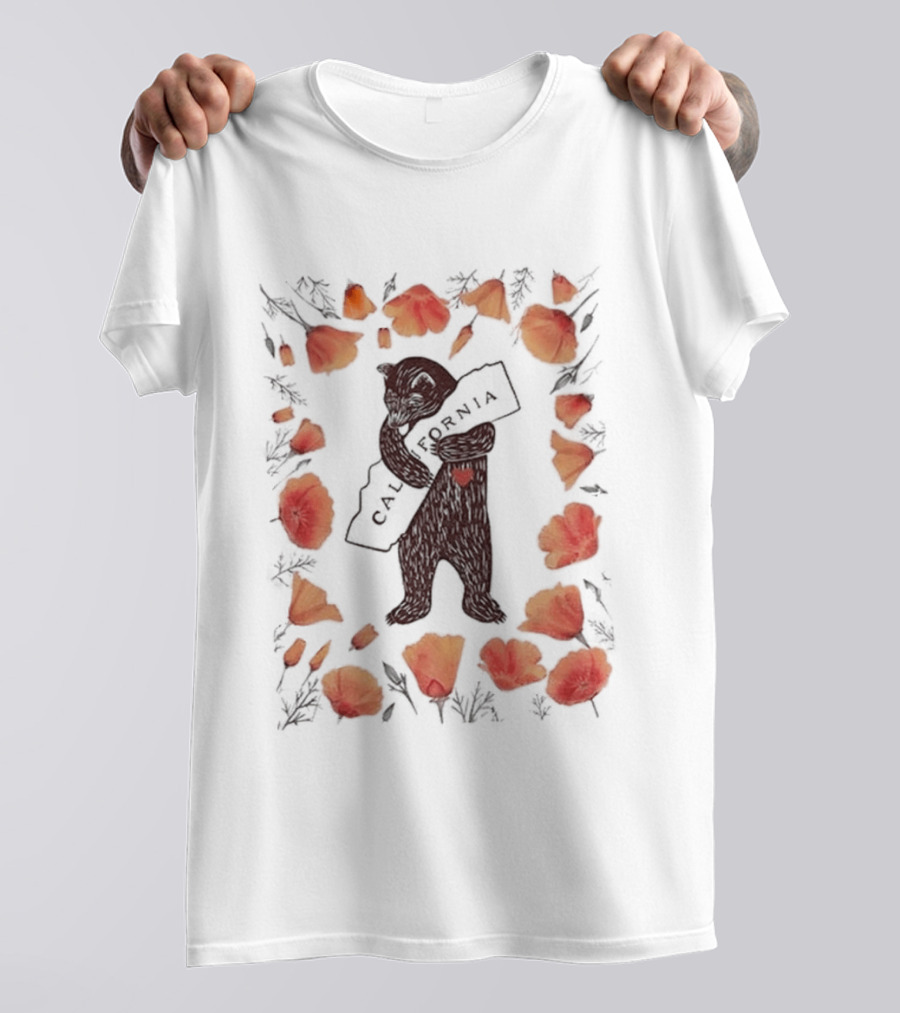 California Bear Hug With State Map And Poppies T-Shirt
