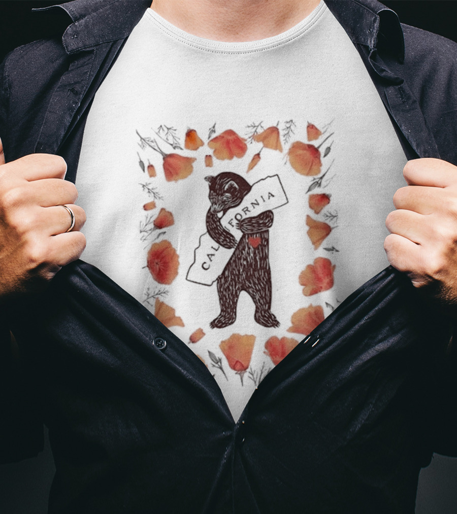 California Bear Hug With State Map And Poppies T-Shirt