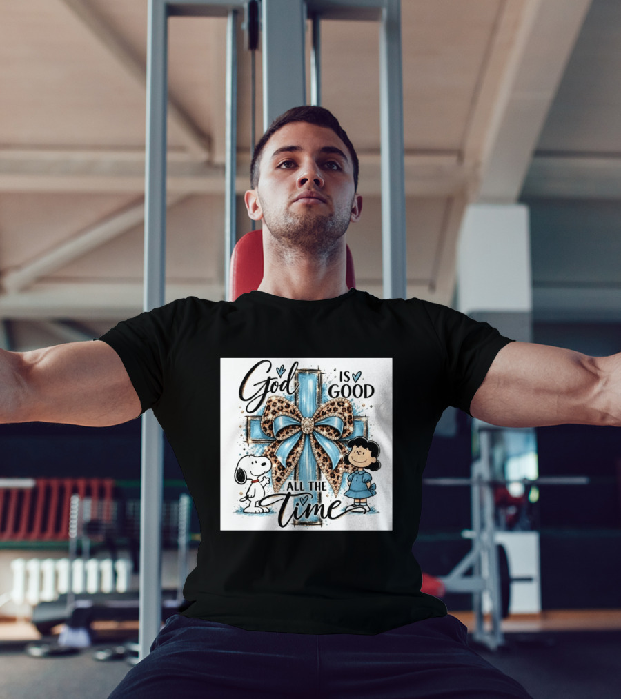 Snoopy And Lucy God Is Good All The Time Blue Cross And Leopard Bow T-Shirt