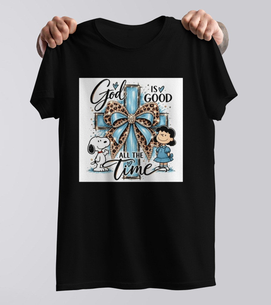 Snoopy And Lucy God Is Good All The Time Blue Cross And Leopard Bow T-Shirt