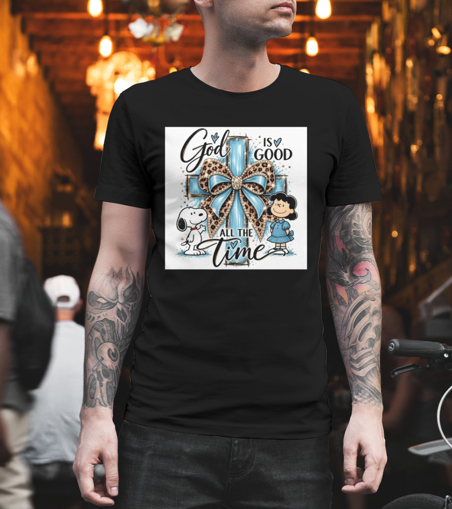 Snoopy And Lucy God Is Good All The Time Blue Cross And Leopard Bow T-Shirt