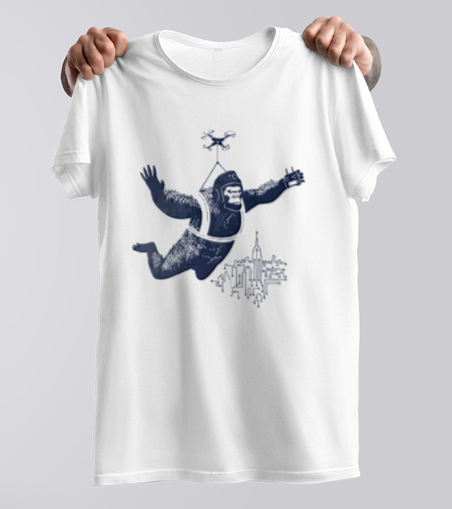 Gorilla Parachuting With Drone Over City Skyline T-Shirt
