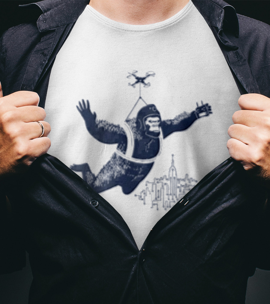 Gorilla Parachuting With Drone Over City Skyline T-Shirt