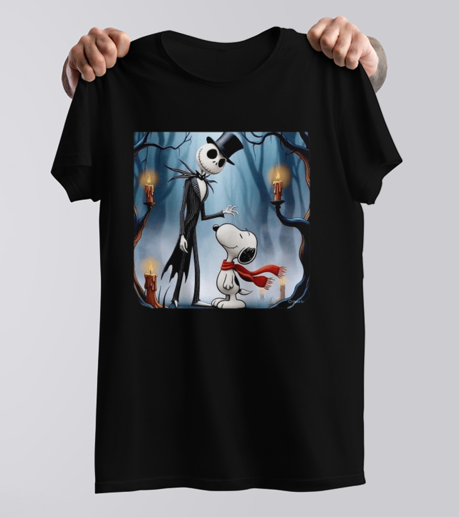 The Nightmare Before Christmas Jack Skellington And Snoopy Candles In Haunted Forest T-Shirt