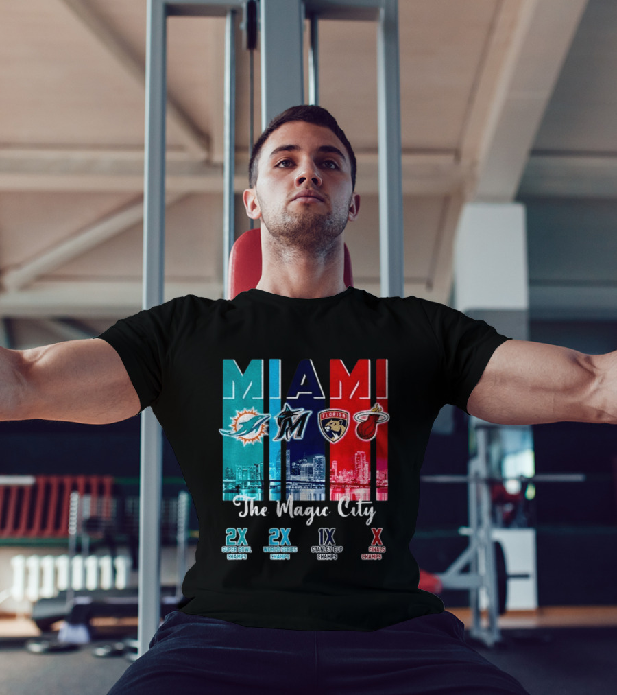 MIAMI The Magic City Dolphins Marlins Panthers Heat Champs T-Shirt