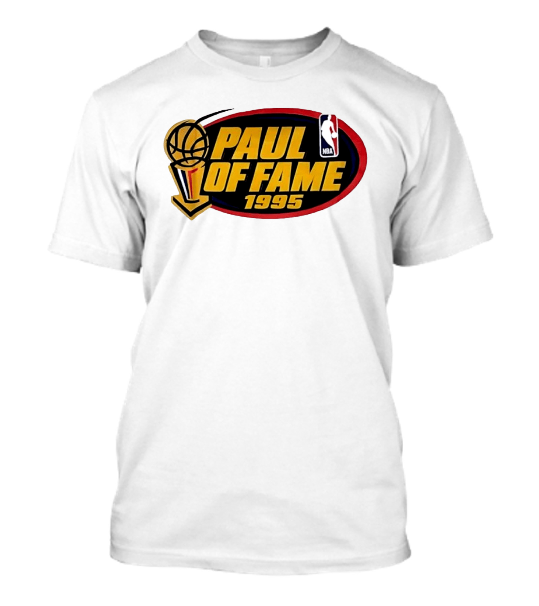 NBA Paul Of Fame 1995 Golden Basketball Trophy Red Oval Frame T-Shirt
