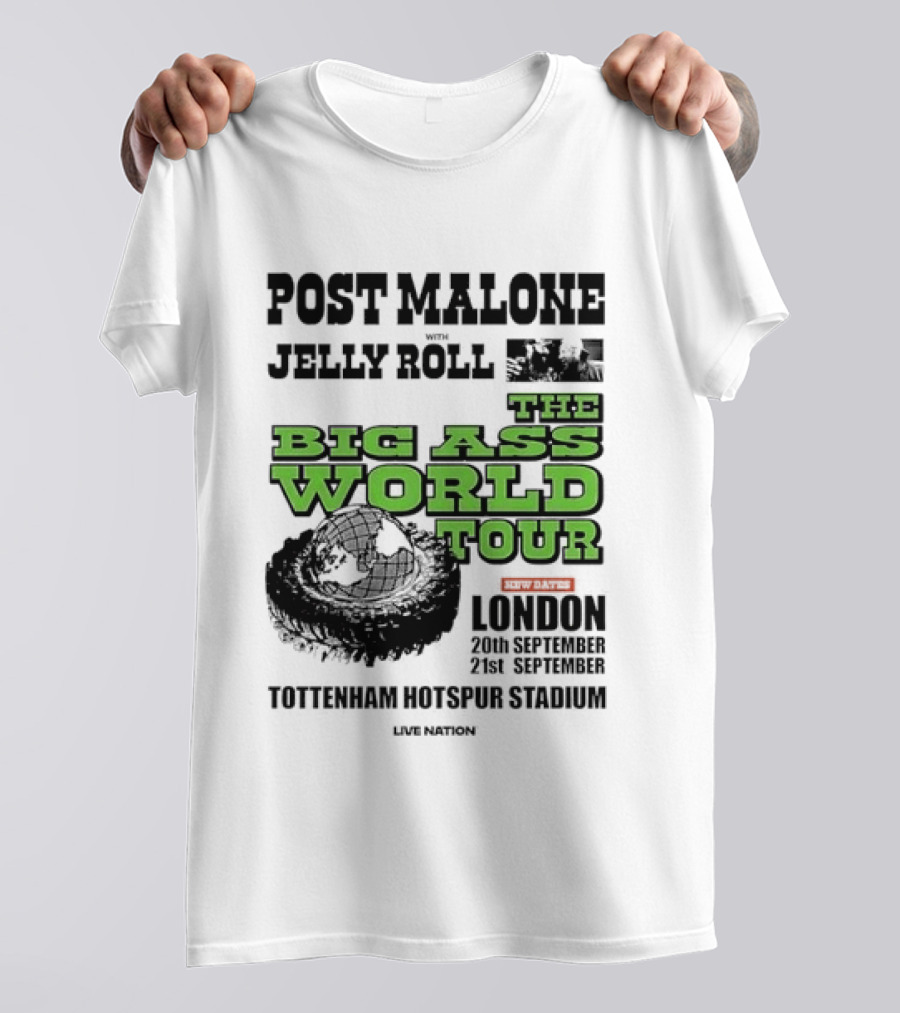 Post Malone Jelly Roll Live Nation The Big Ass World Tour London Tottenham Hotspur Stadium 2023 T-Shirt
