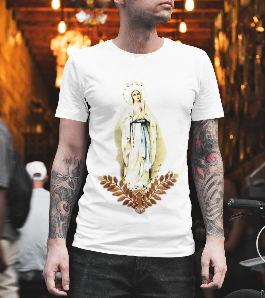 Virgin Mary Rosary Prayer Gold Leaves T-Shirt