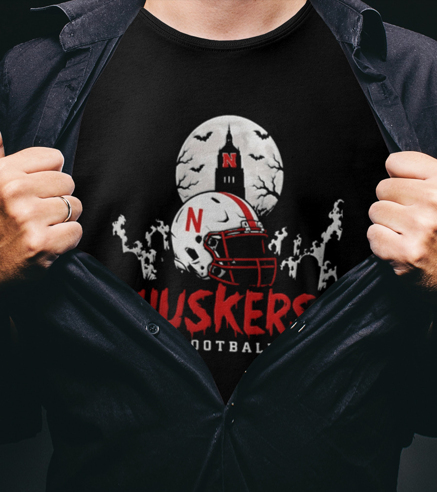 Nebraska Huskers Football Halloween Spooky Helmet Bats Moon 2026 T-Shirt