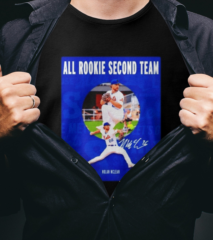 Nolan McLean No 22 Mets All Rookie Second Team Signature Pitching Action T-Shirt