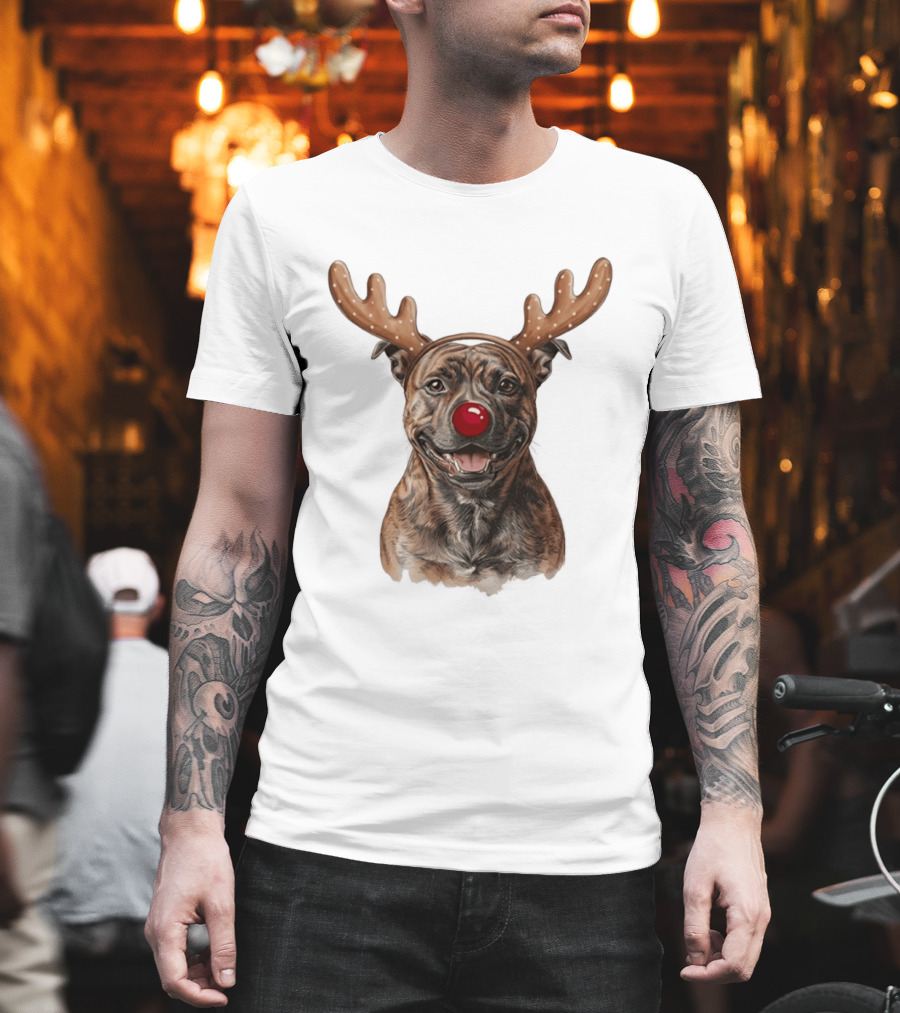 Brindle Pit Bull With Reindeer Antlers And Red Nose T-Shirt