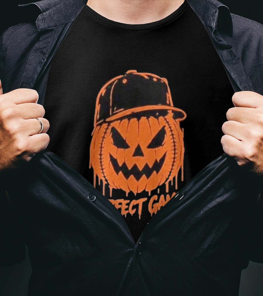 Perfect Game Halloween Pumpkin Baseball Hat Creepy Face T-Shirt