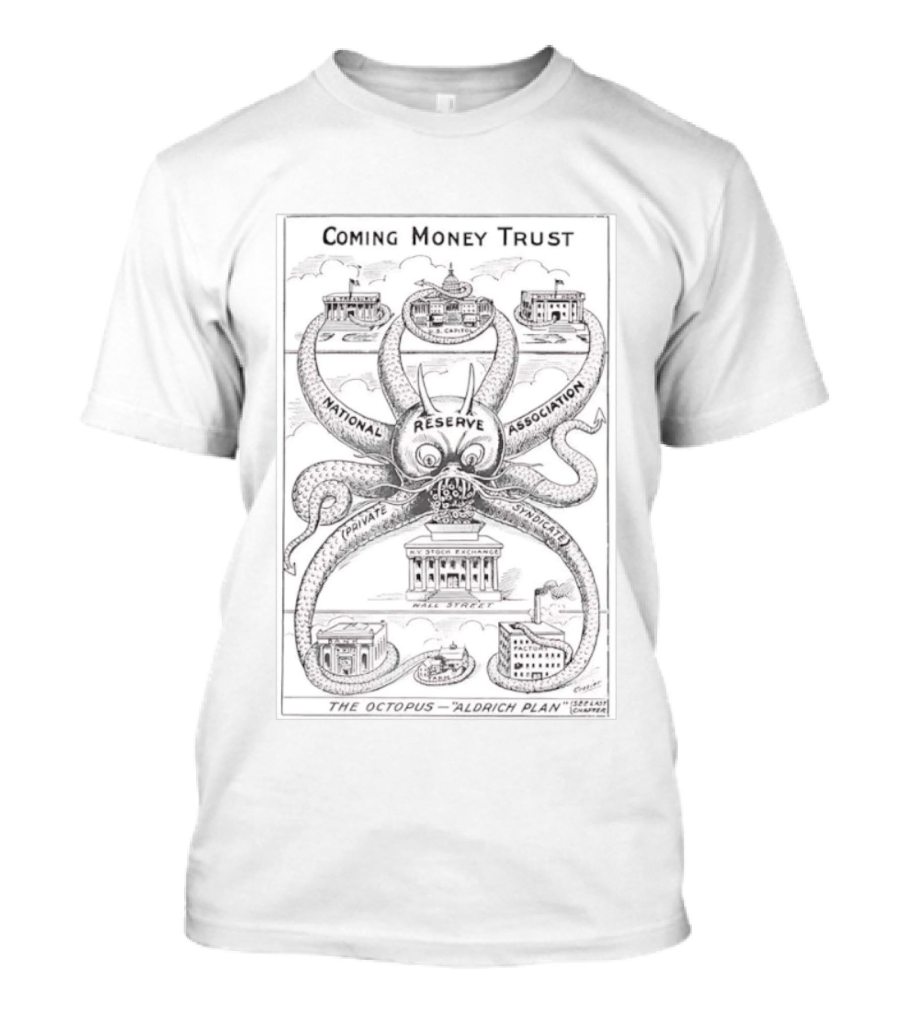 Coming Money Trust Octopus Aldrich Plan National Reserve Association Political Cartoon T-Shirt