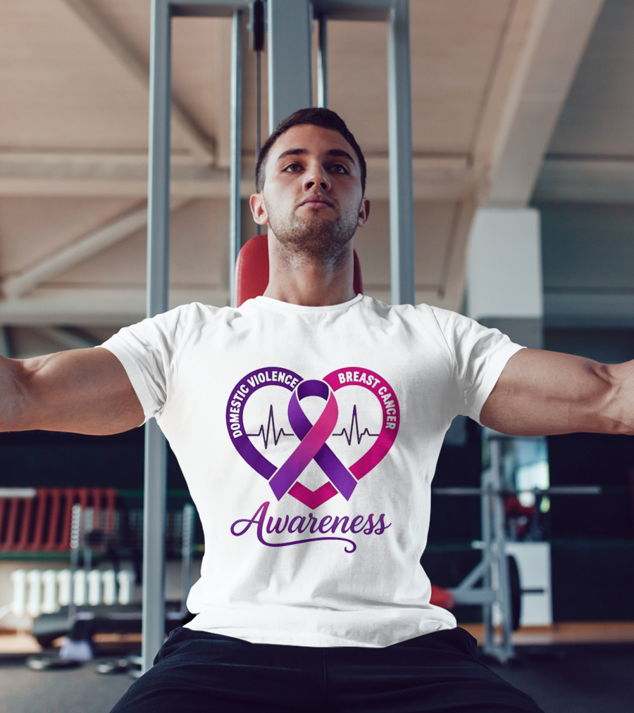 Domestic Violence And Breast Cancer Awareness Heart Ribbon Purple Pink T-Shirt