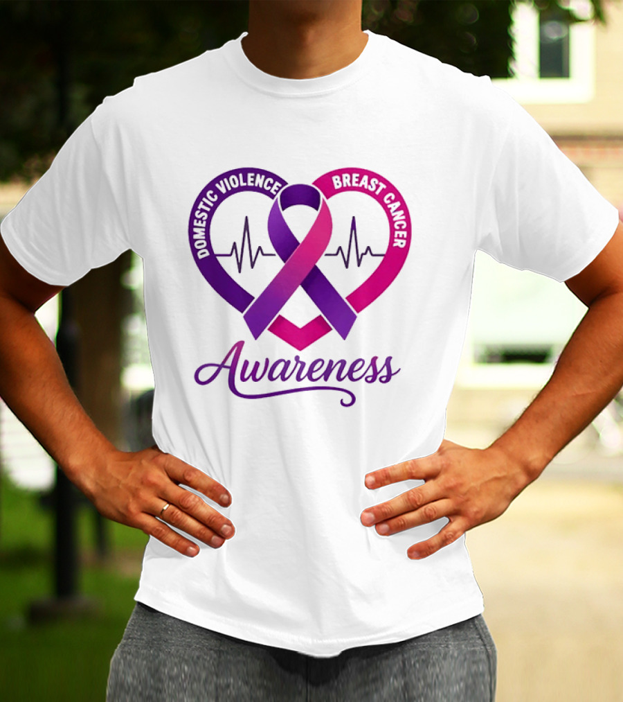 Domestic Violence And Breast Cancer Awareness Heart Ribbon Purple Pink T-Shirt