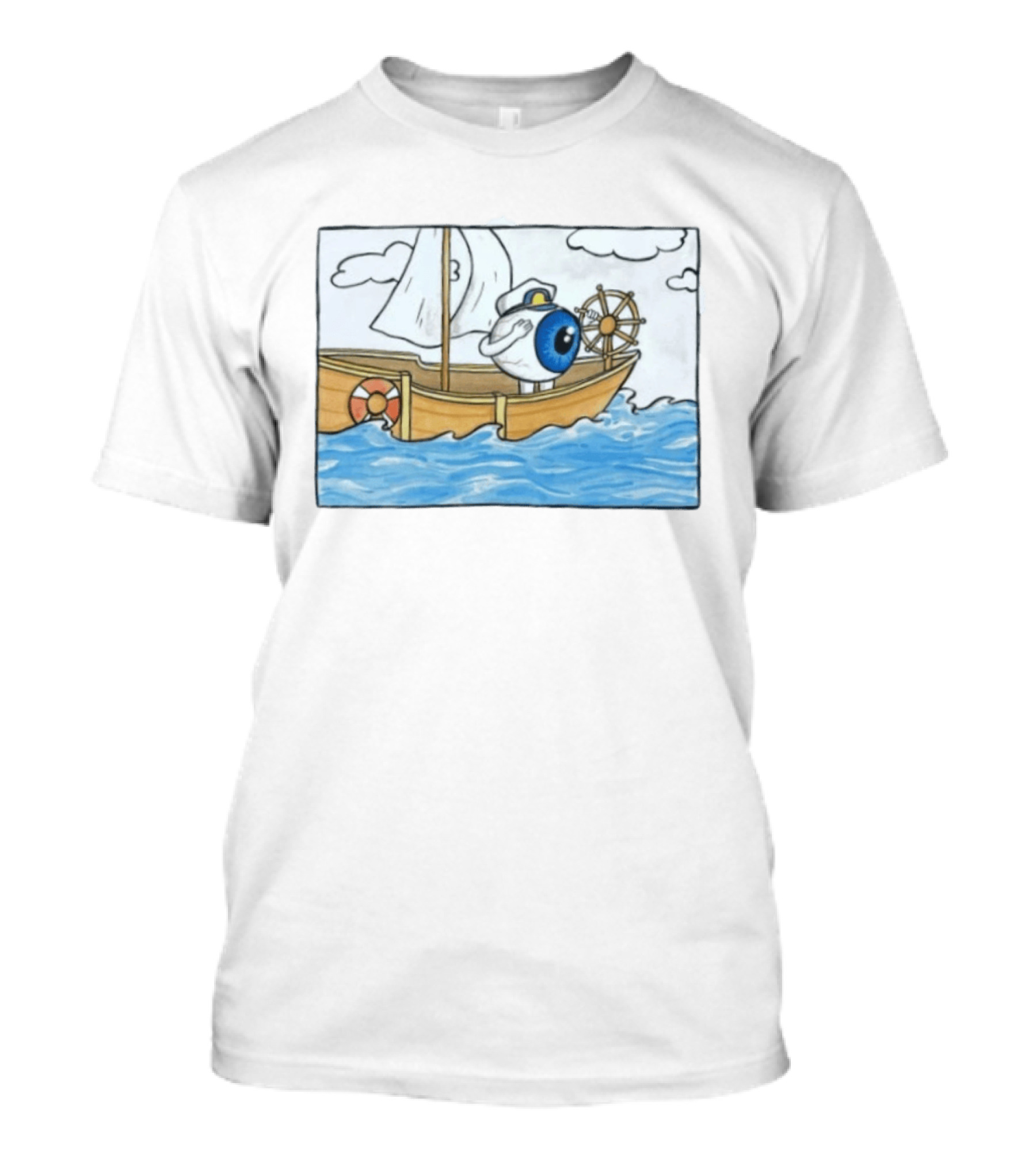 Eye Eye Captain Cartoon Eyeball Sailor Steering Ship Ocean Waves T-Shirt