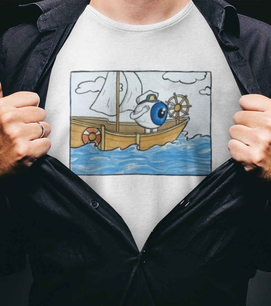 Eye Eye Captain Cartoon Eyeball Sailor Steering Ship Ocean Waves T-Shirt