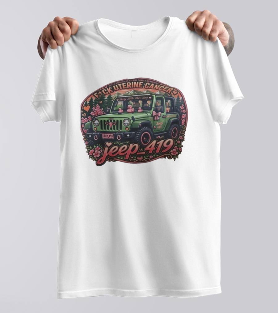 Peach Ribbon Uterine Cancer Awareness Jeep 419 Supportive Message T-Shirt
