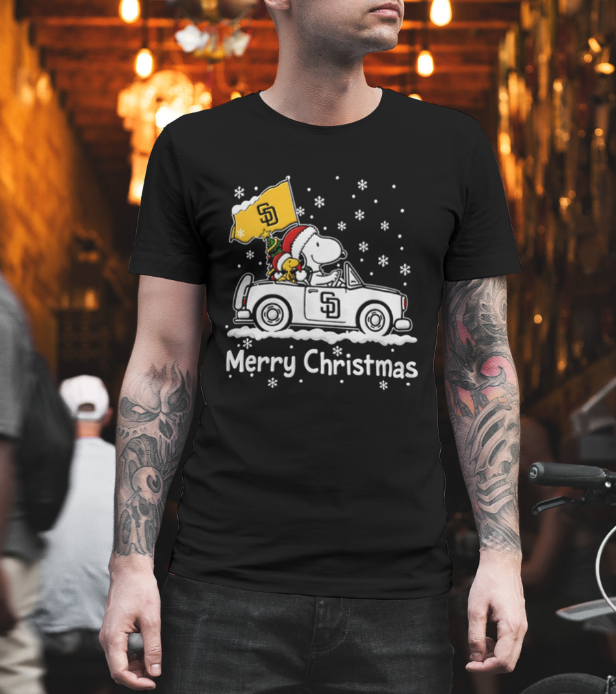 Snoopy And Woodstock Driving San Diego Padres Car Merry Christmas 2026 T-Shirt