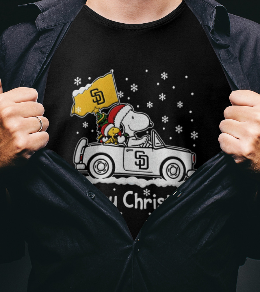 Snoopy And Woodstock Driving San Diego Padres Car Merry Christmas 2026 T-Shirt