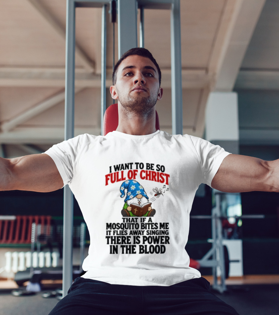 I Want To Be So Full Of Christ That If A Mosquito Bites Me It Flies Away Singing There Is Power In The Blood Gnome T-Shirt