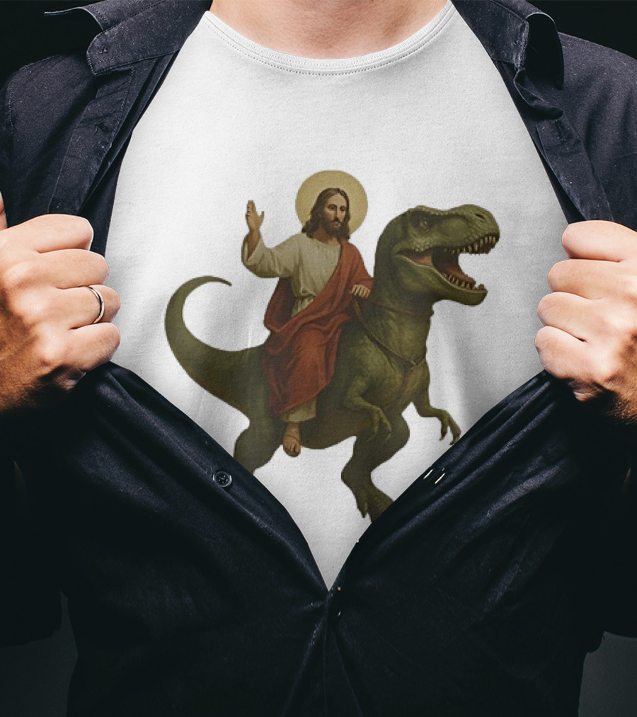 Jesus Riding Tyrannosaurus Rex Dinosaur T-Shirt
