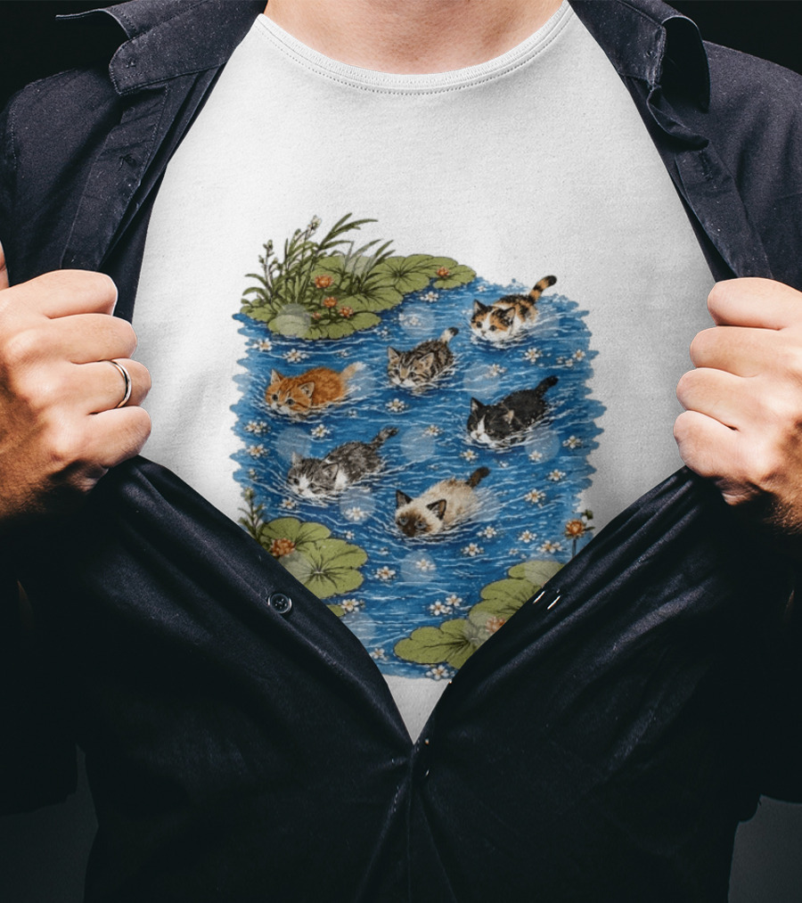 Kittens Swimming Among Water Lilies In Pond Scene T-Shirt