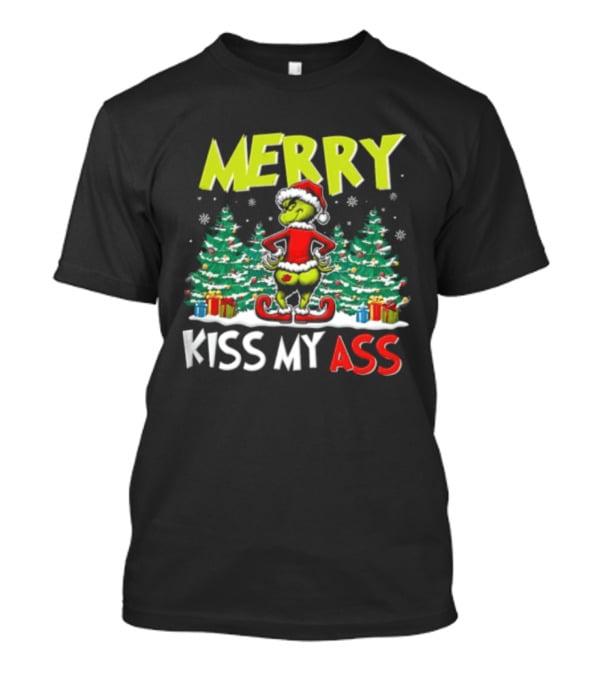 Merry Kiss My Ass Grinch Santa Outfit Mooning Christmas Trees And Gifts T-Shirt