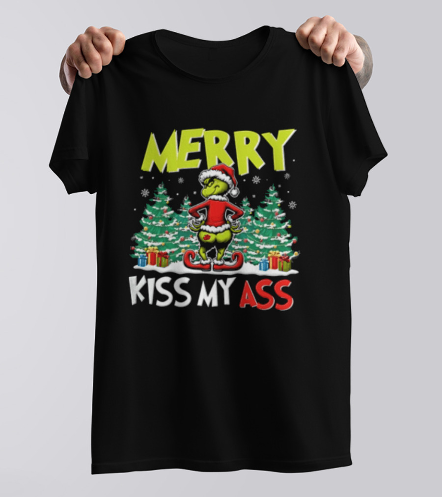 Merry Kiss My Ass Grinch Santa Outfit Mooning Christmas Trees And Gifts T-Shirt