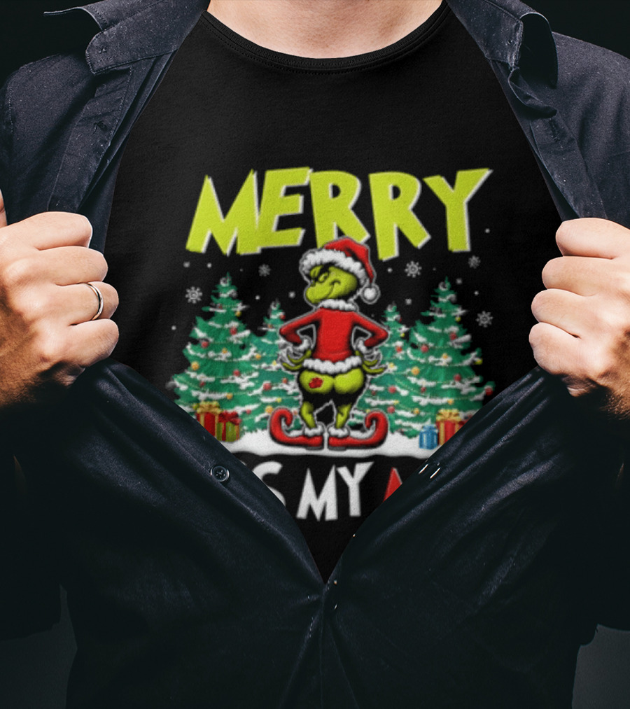 Merry Kiss My Ass Grinch Santa Outfit Mooning Christmas Trees And Gifts T-Shirt
