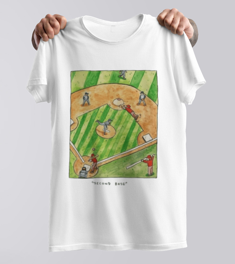 Second Base Baseball Cartoon Humor Action Play Scene T-Shirt