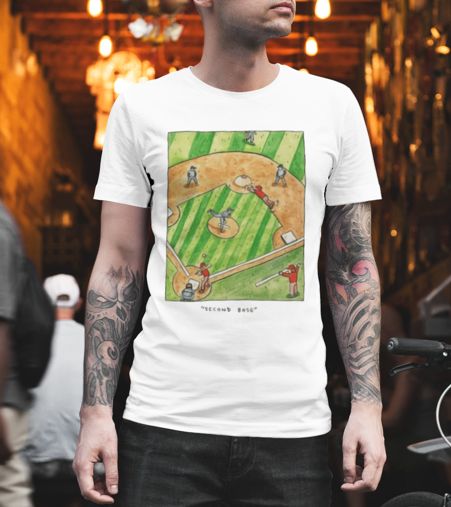 Second Base Baseball Cartoon Humor Action Play Scene T-Shirt