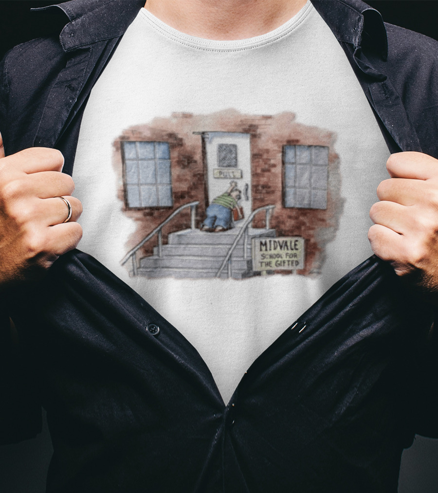 Midvale School For The Gifted 1985 Far Side Pull Door Comic T-Shirt