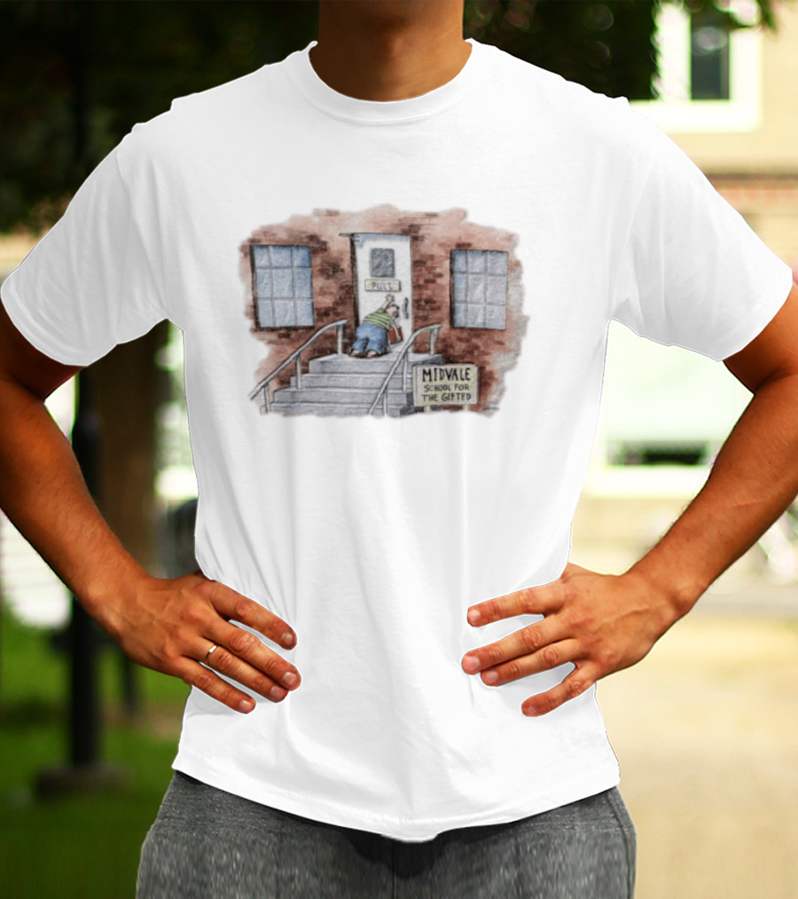 Midvale School For The Gifted 1985 Far Side Pull Door Comic T-Shirt