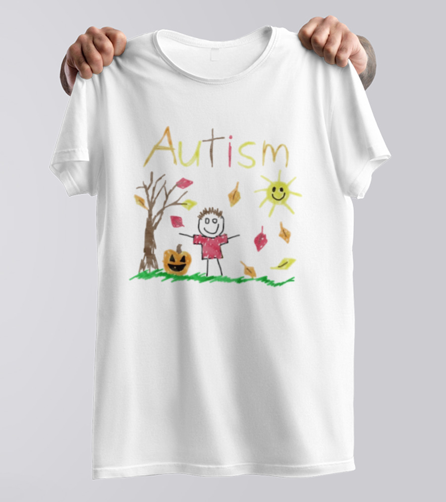 Autism Awareness Child With Pumpkin Autumn Leaves Sun And Tree T-Shirt