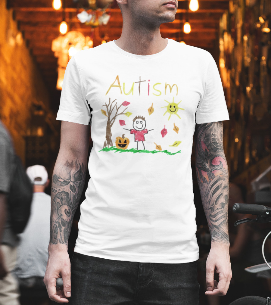 Autism Awareness Child With Pumpkin Autumn Leaves Sun And Tree T-Shirt