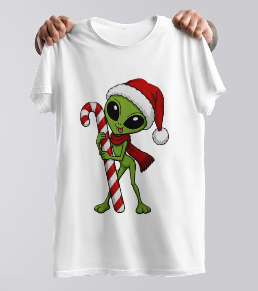 Green Santa Hat Alien With Red Scarf Holding Candy Cane Christmas T-Shirt
