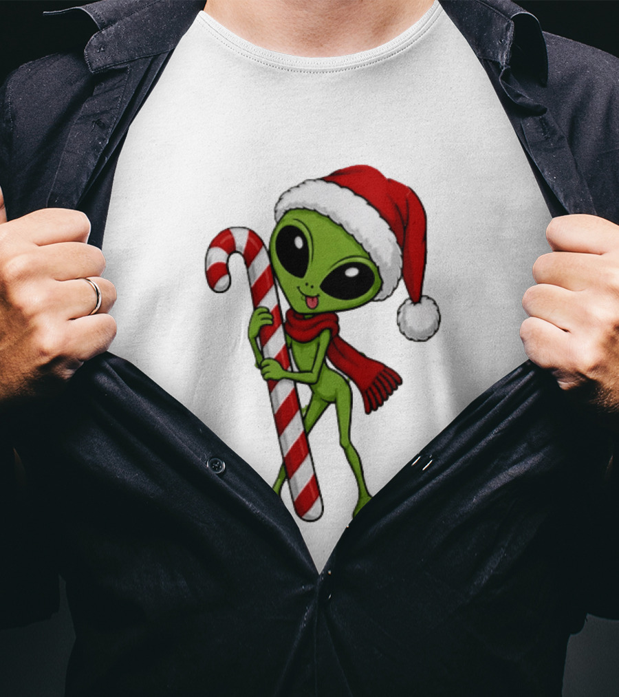 Green Santa Hat Alien With Red Scarf Holding Candy Cane Christmas T-Shirt