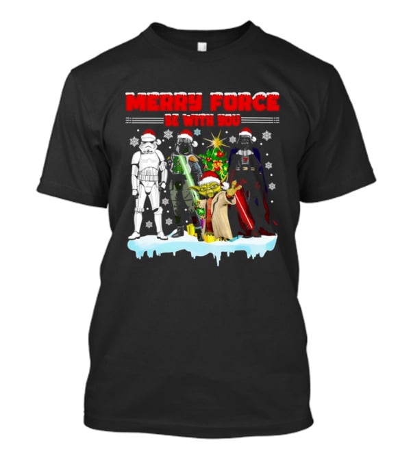 Star Wars Merry Force Be With You Christmas Characters Stormtrooper Yoda Darth Vader Santa Hats T-Shirt