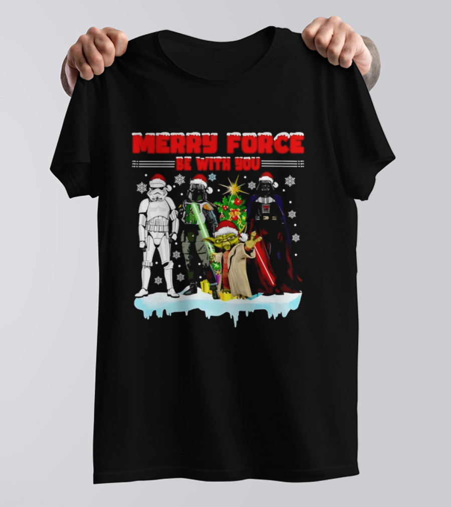 Star Wars Merry Force Be With You Christmas Characters Stormtrooper Yoda Darth Vader Santa Hats T-Shirt