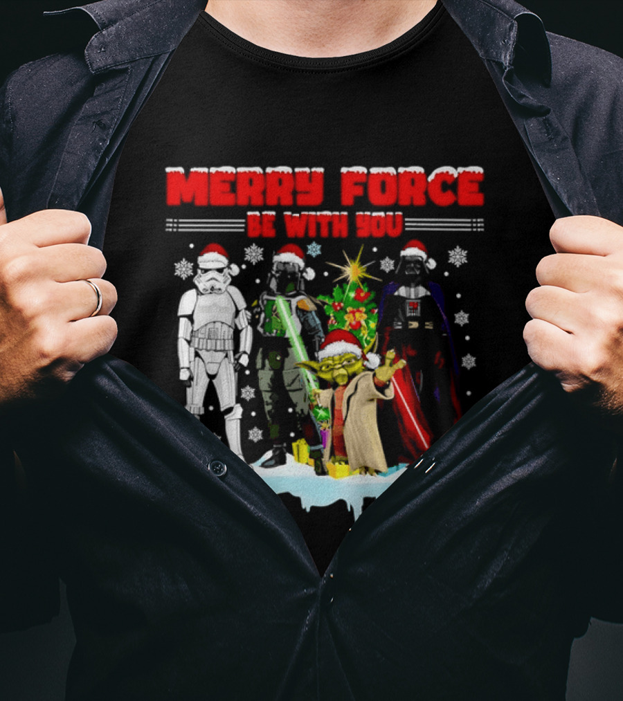 Star Wars Merry Force Be With You Christmas Characters Stormtrooper Yoda Darth Vader Santa Hats T-Shirt