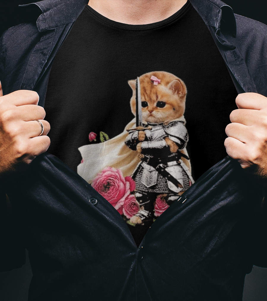 Knight Cat Holding Sword With Roses T-Shirt