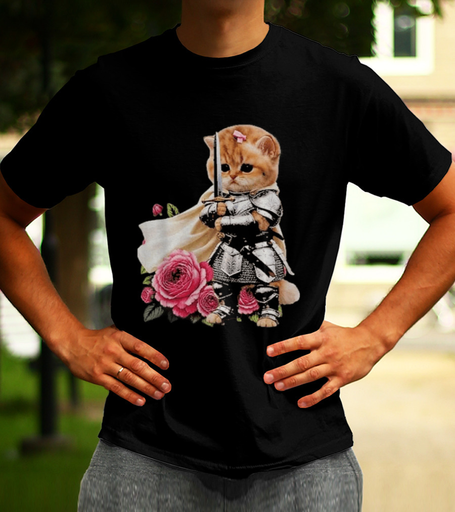 Knight Cat Holding Sword With Roses T-Shirt